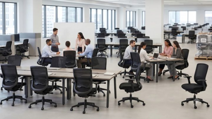 Multiple office chairs in a large office