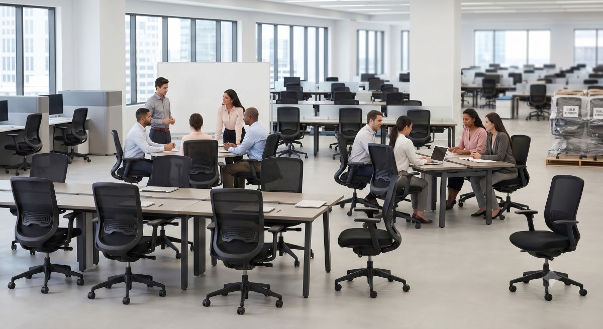 Multiple office chairs in a large office