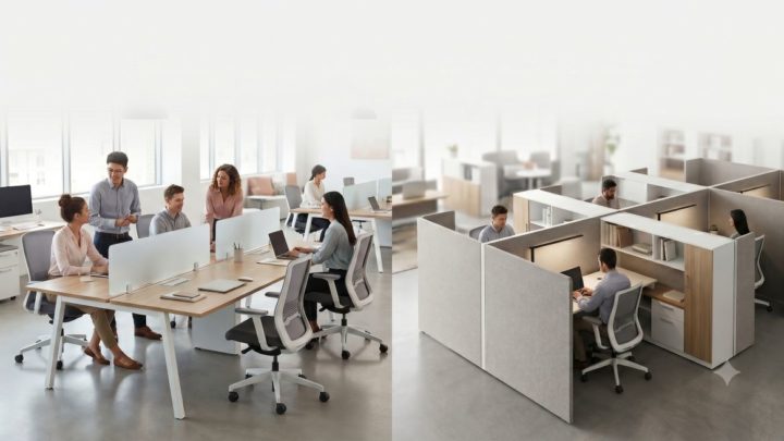 Comparing the difference of open space work stations vs cubicles.