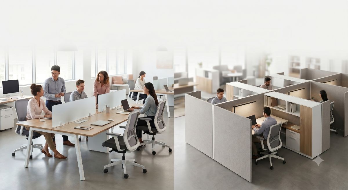 Comparing the difference of open space work stations vs cubicles.